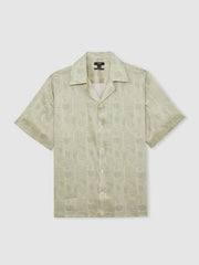Reiss | Wave Print Cuban Collar Shirt in Sage Green