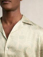 Reiss | Wave Print Cuban Collar Shirt in Sage Green