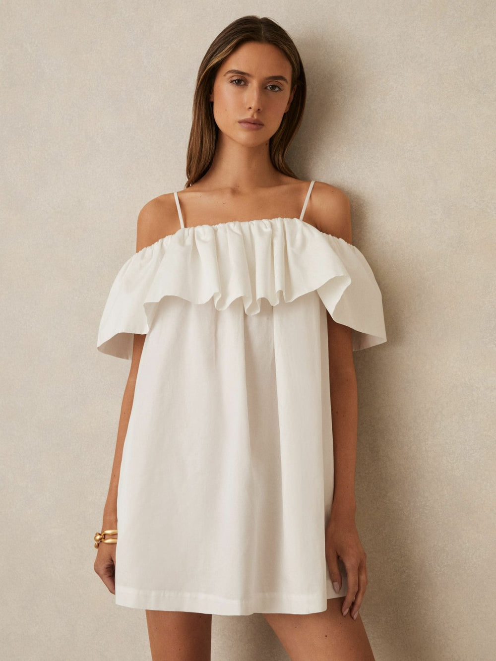 Reiss | Cotton Off Shoulder Mini Dress in Ivory Cream