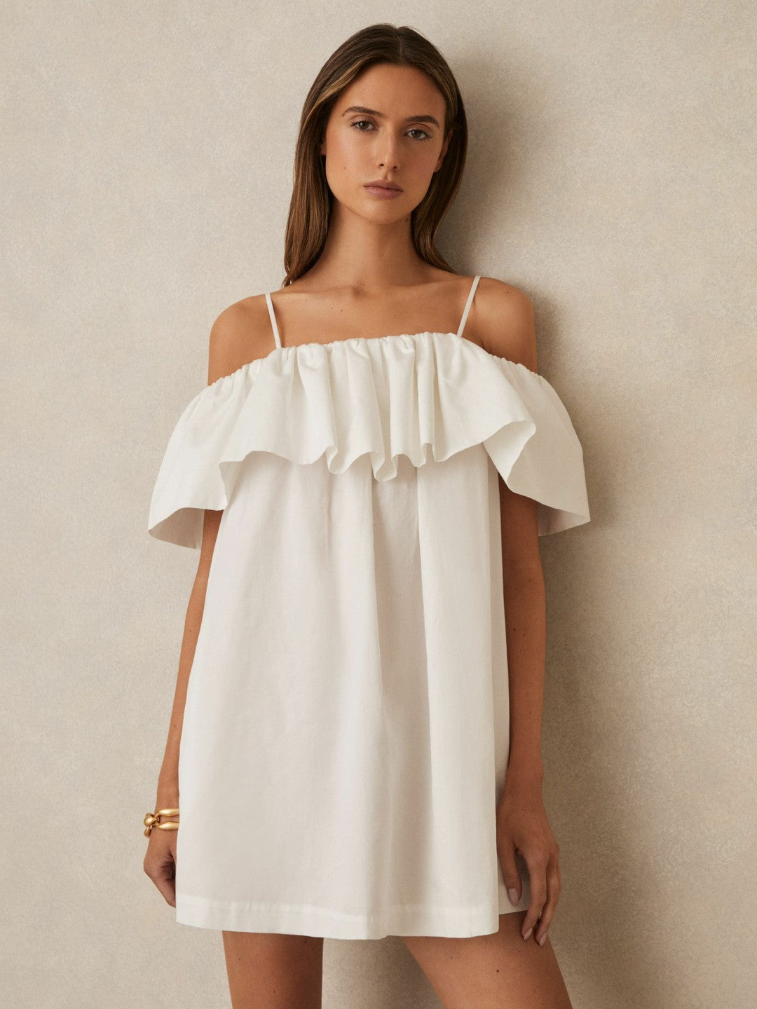 Reiss | Cotton Off Shoulder Mini Dress in Ivory Cream