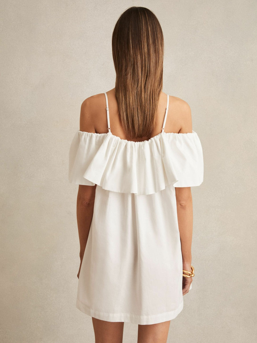 Reiss | Cotton Off Shoulder Mini Dress in Ivory Cream