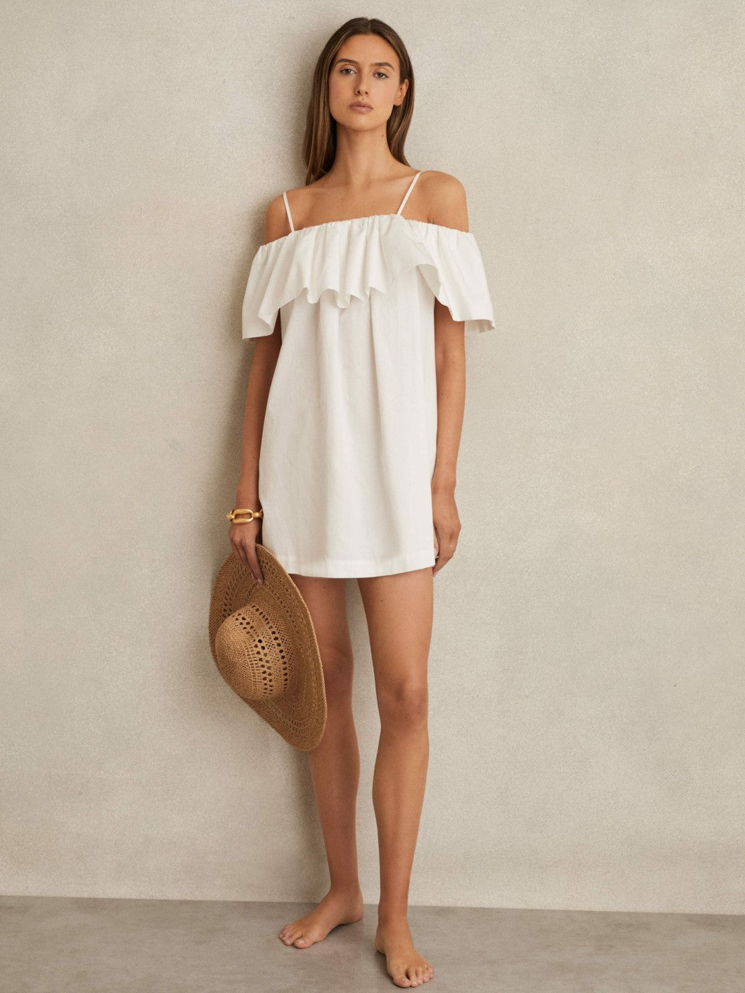 Reiss | Cotton Off Shoulder Mini Dress in Ivory Cream