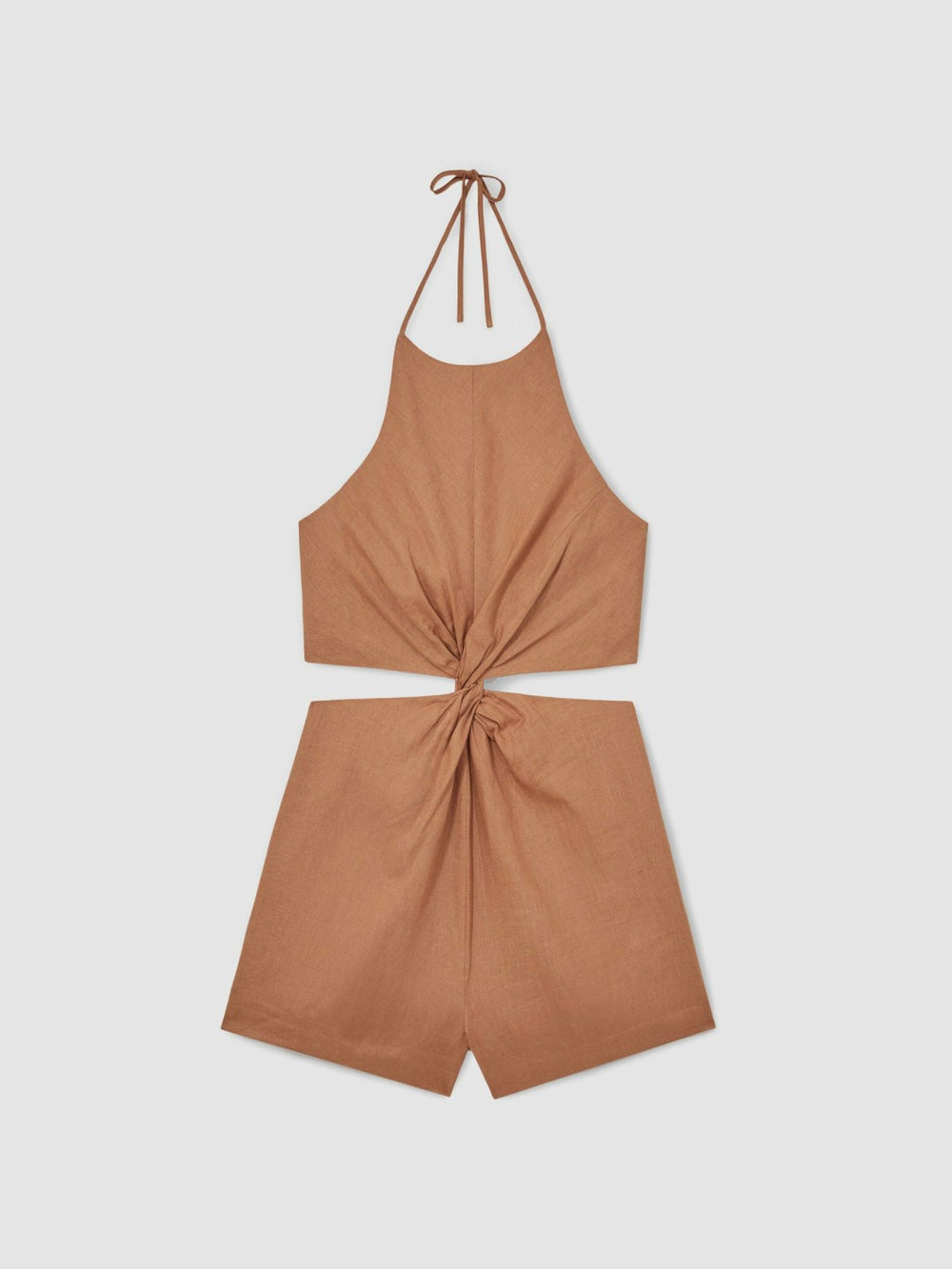 Reiss | Linen Halterneck Cut Out Playsuit in Brown
