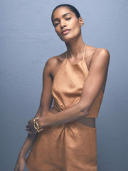 Reiss | Linen Halterneck Cut Out Playsuit in Brown