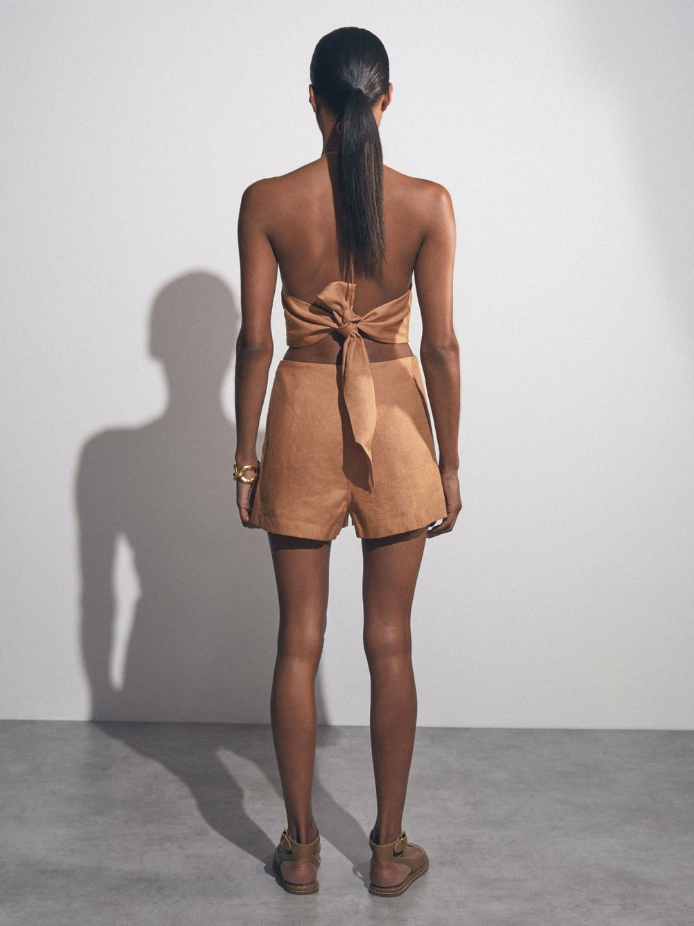 Reiss | Linen Halterneck Cut Out Playsuit in Brown