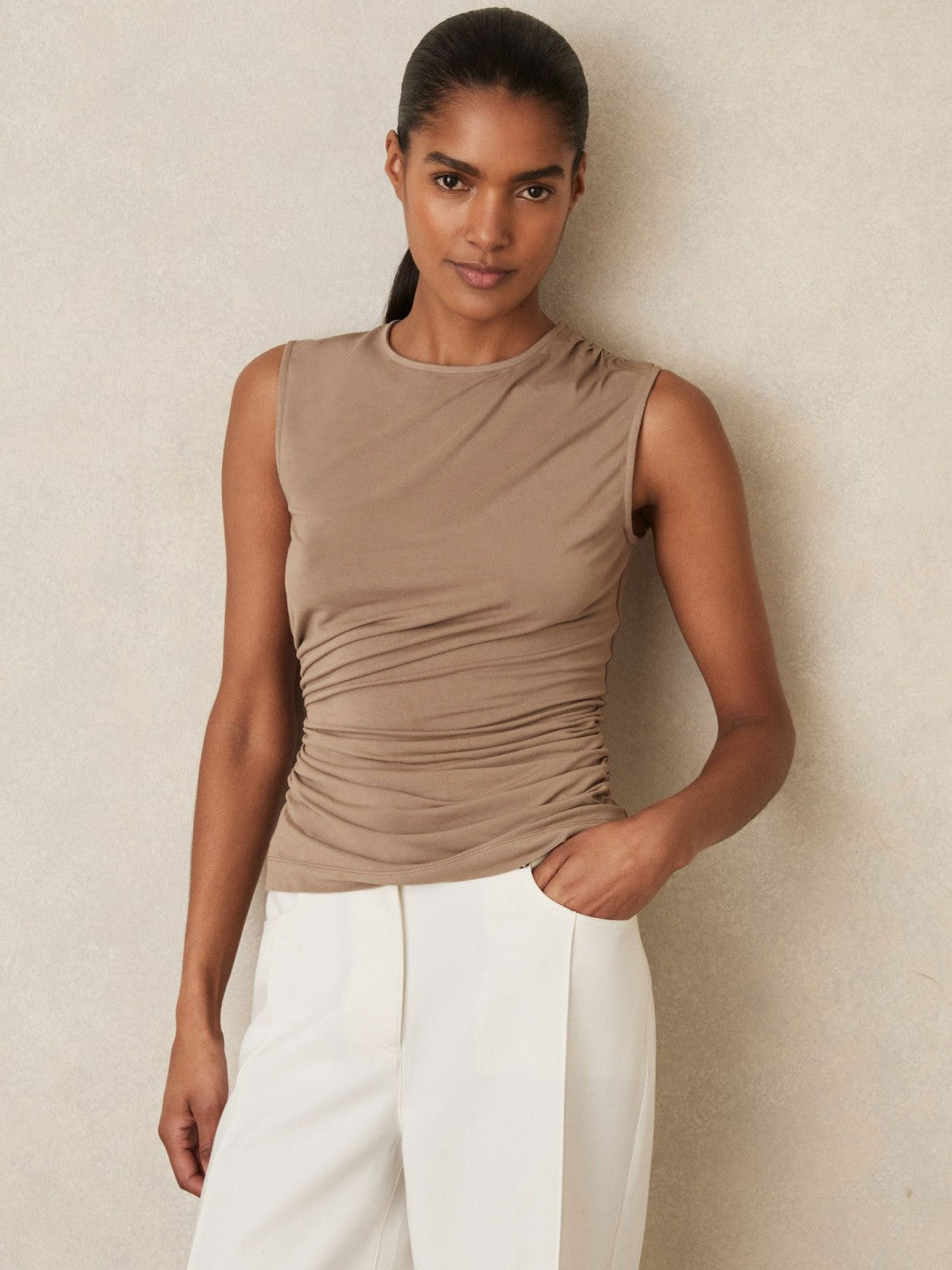 Reiss | Stretch-Modal Ruched Vest in Mocha Brown