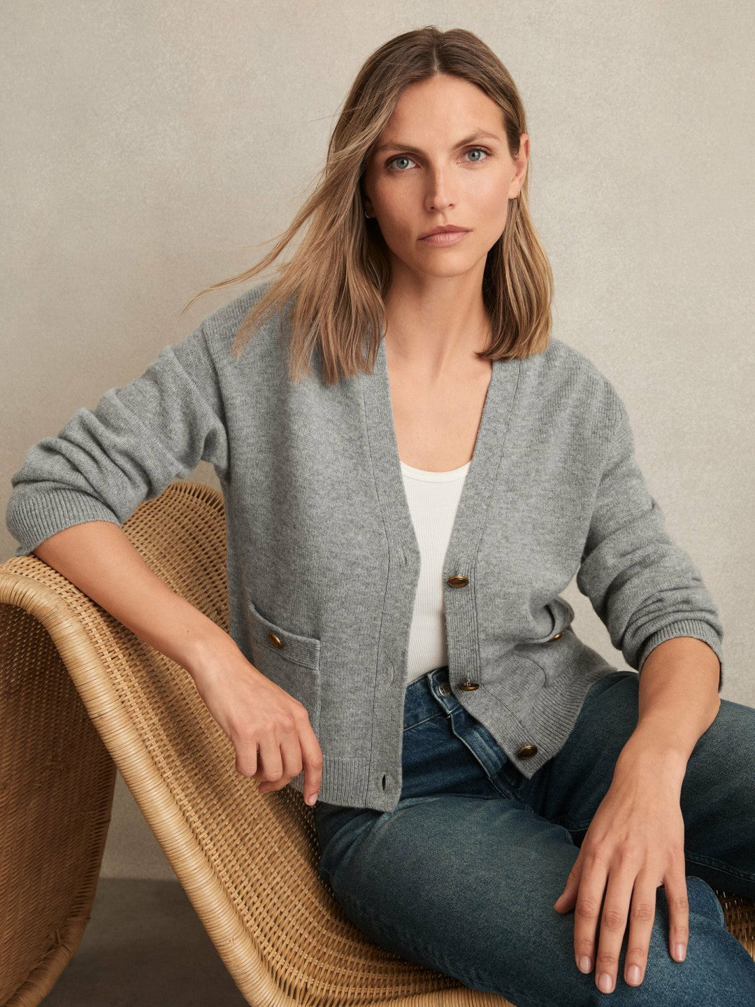 Reiss | Wool-Cashmere Button Cardigan in Silver Grey
