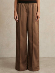 Reiss | Satin Wide Leg Elastic Waist Trousers in Taupe Neutral