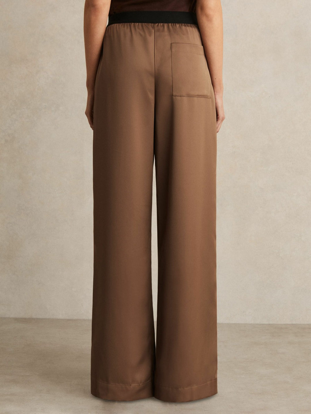 Reiss | Satin Wide Leg Elastic Waist Trousers in Taupe Neutral