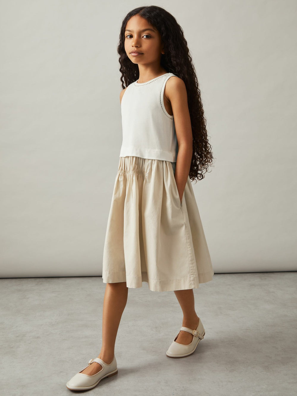 Reiss | 3-9 yrs Cotton Layered Sleeveless Midi Dress in Neutral