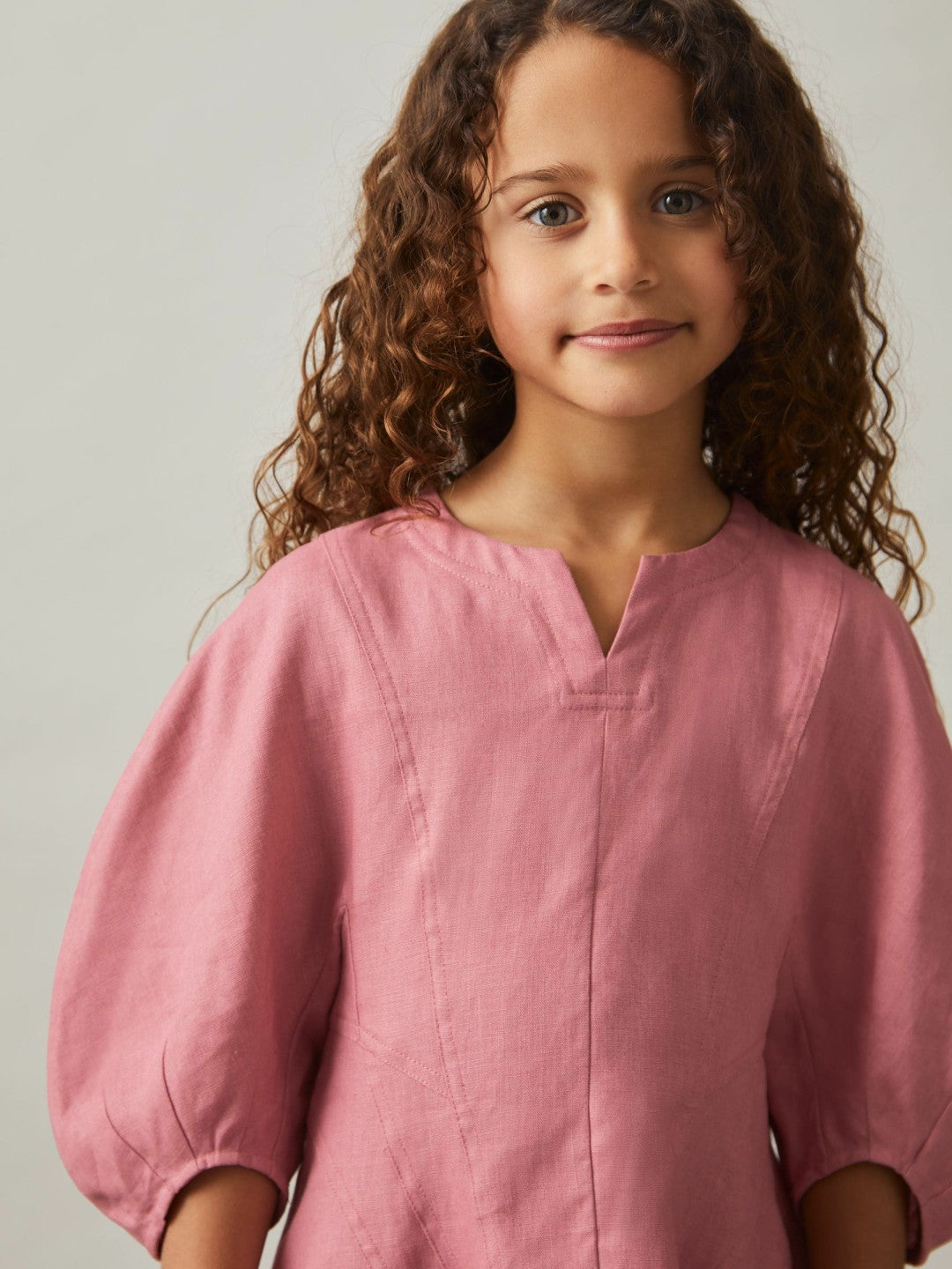 Reiss | 13-14 yrs Linen Balloon-Sleeve Dress in Pink