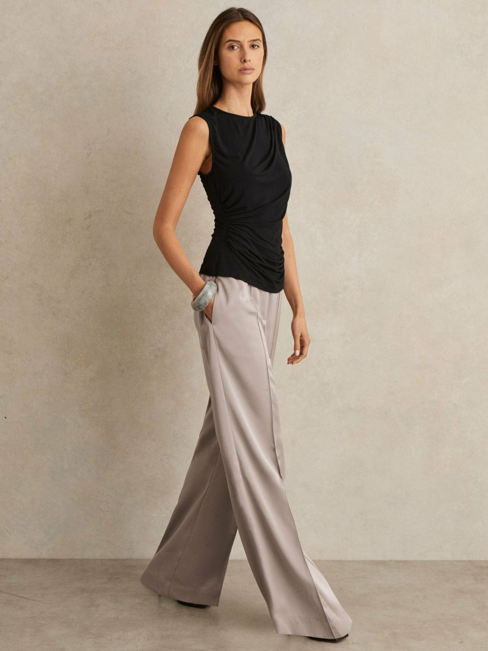 Reiss | Petite Satin Wide Leg Elastic Waist Trousers in Grey