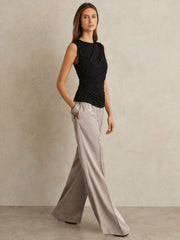 Reiss | Petite Satin Wide Leg Elastic Waist Trousers in Grey