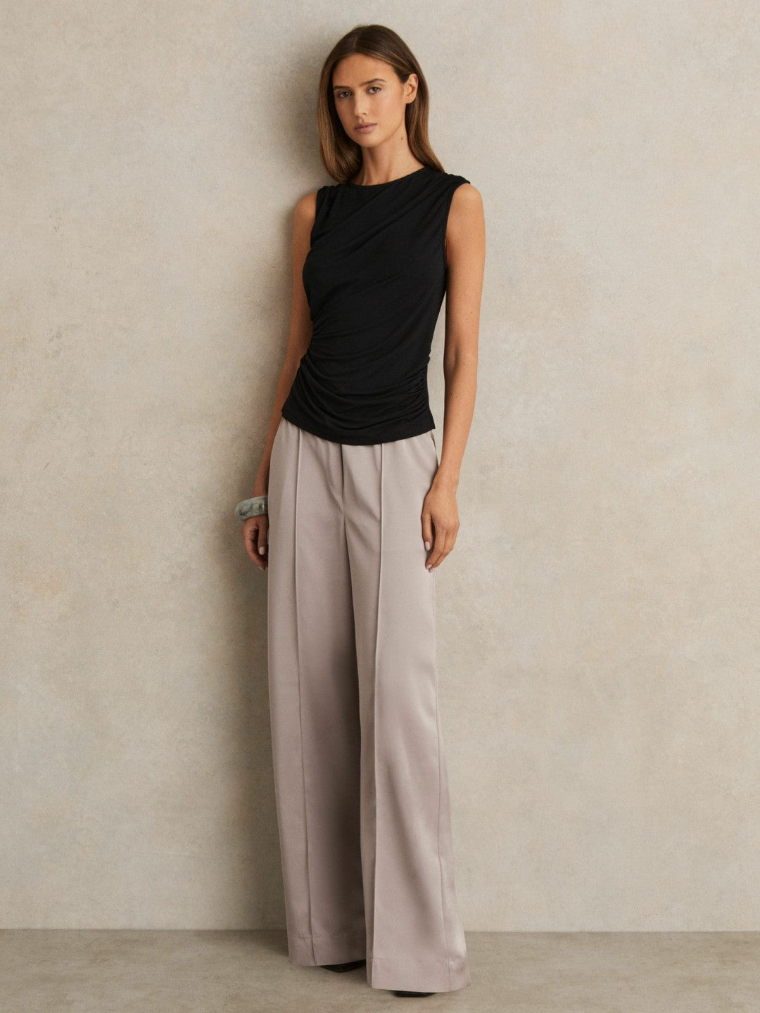 Reiss | Satin Wide Leg Elastic Waist Trousers in Grey