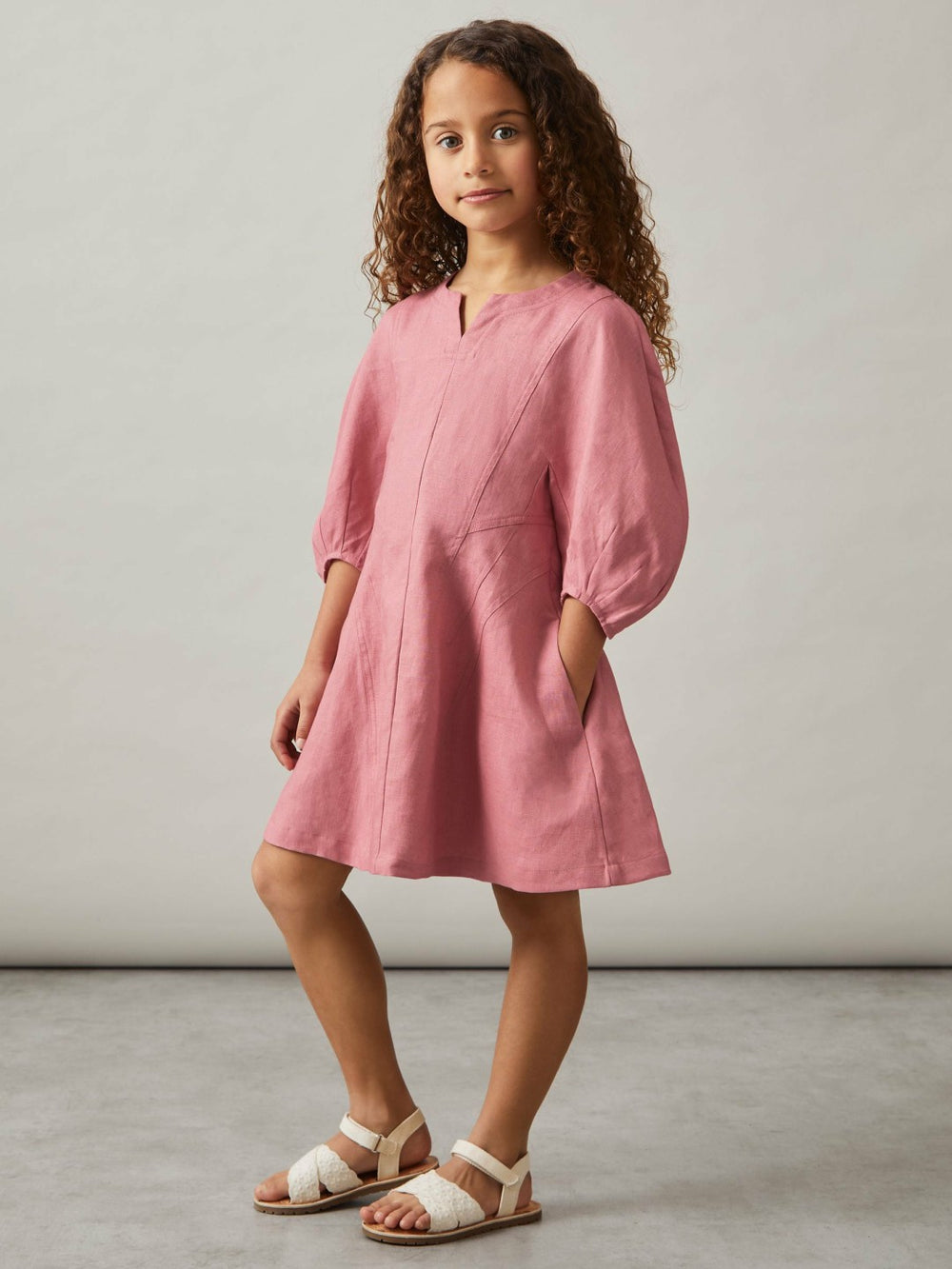 Reiss | 4-9 yrs Linen Balloon-Sleeve Dress in Pink