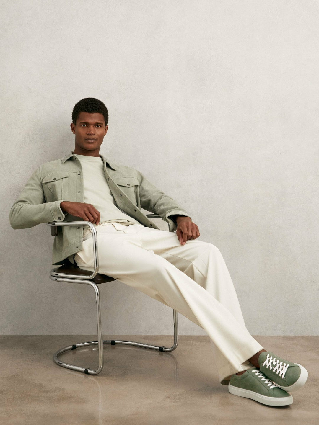 Reiss | Nubuck Leather Low-Top Trainers in Thyme Green