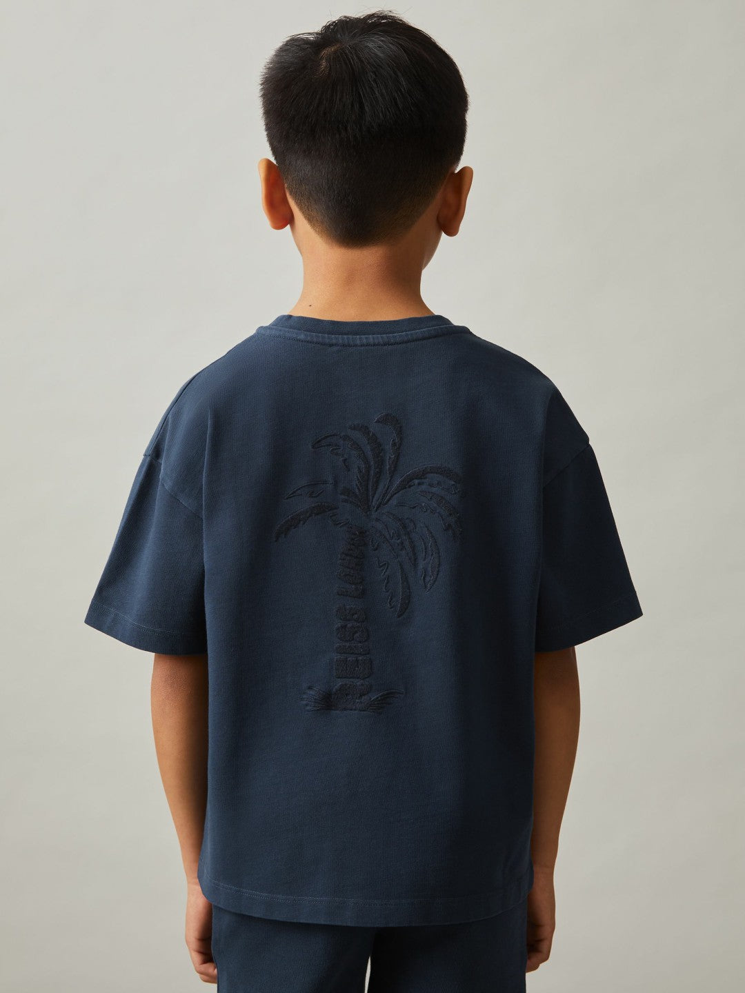 Reiss | 13-14 yrs Cotton Palm-Embroidery Oversize T-Shirt in Washed Navy