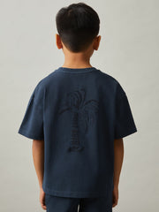 Reiss | 13-14 yrs Cotton Palm-Embroidery Oversize T-Shirt in Washed Navy