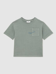 Reiss | 13-14 yrs Cotton Palm-Embroidery Oversize T-Shirt in Washed Sage
