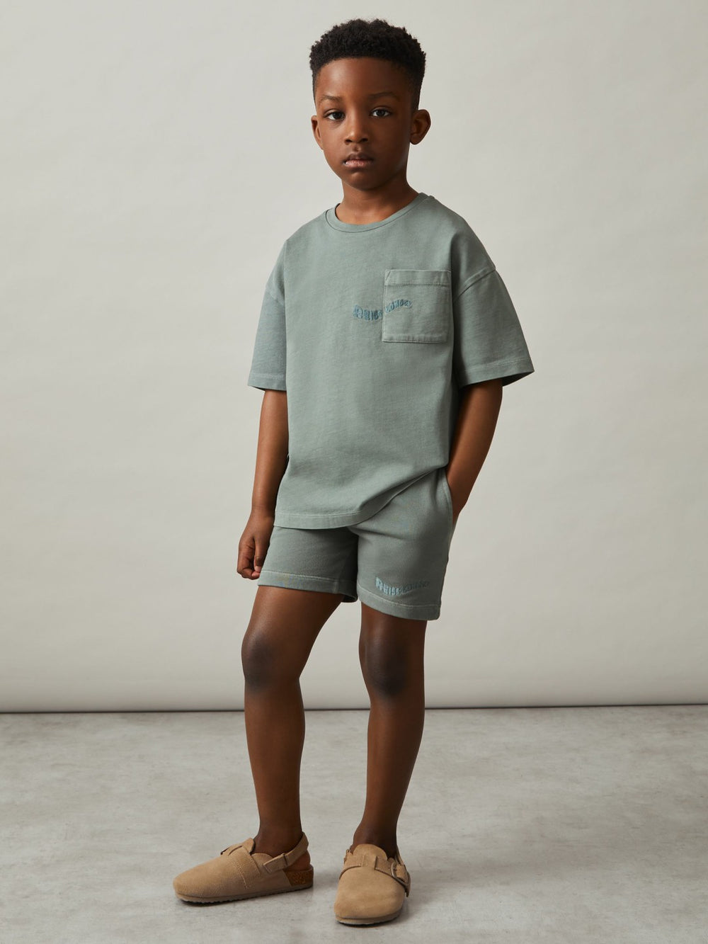 Reiss | 13-14 yrs Cotton Palm-Embroidery Oversize T-Shirt in Washed Sage
