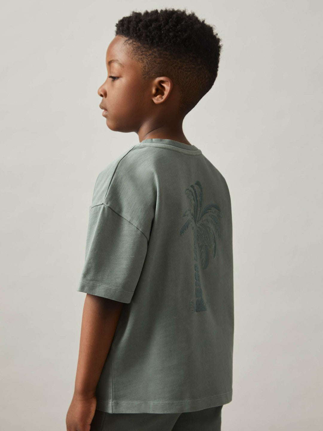 Reiss | 13-14 yrs Cotton Palm-Embroidery Oversize T-Shirt in Washed Sage
