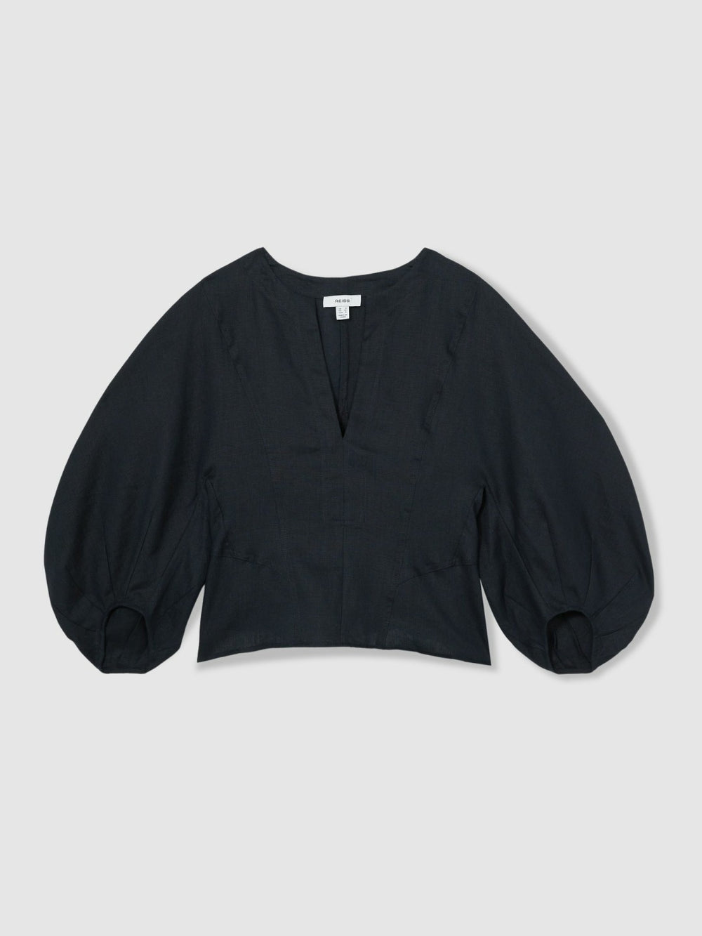 Reiss | Linen Balloon-Sleeve Top in Navy