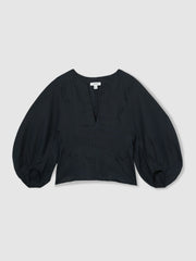Reiss | Linen Balloon-Sleeve Top in Navy