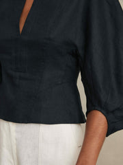 Reiss | Linen Balloon-Sleeve Top in Navy