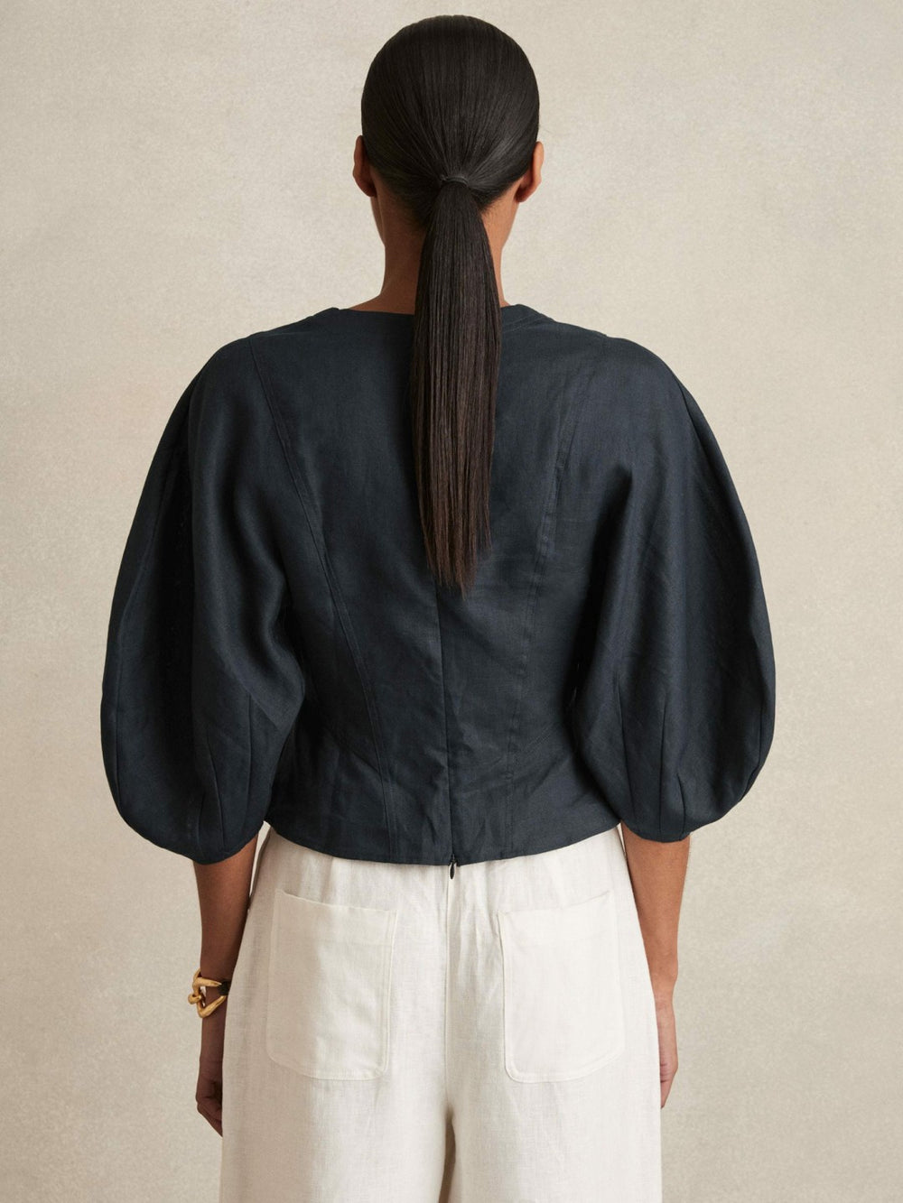 Reiss | Linen Balloon-Sleeve Top in Navy
