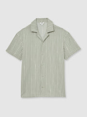 Reiss | Textured Stripe Cuban Collar Shirt in Sage/White