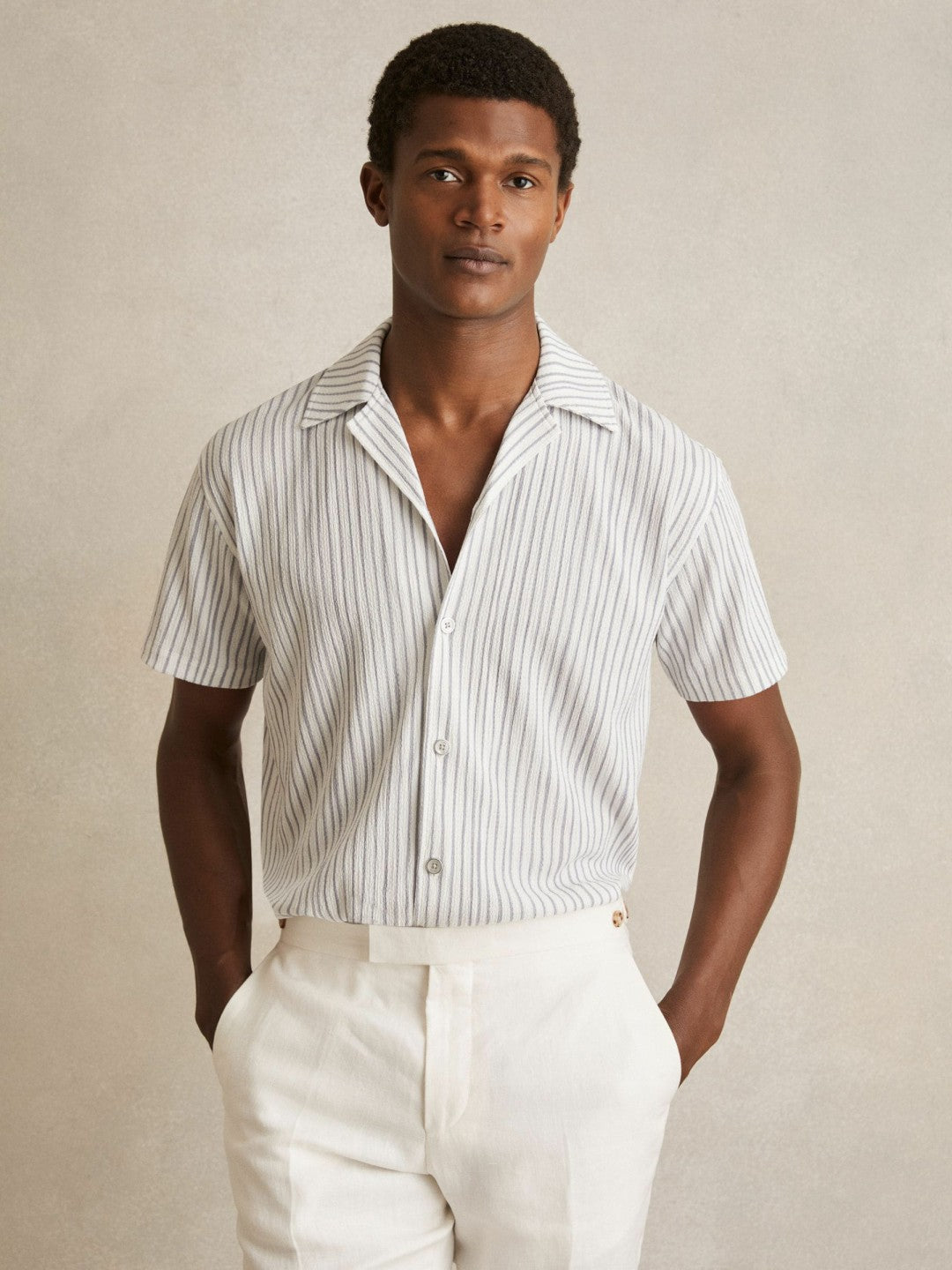Reiss | Textured Stripe Cuban Collar Shirt in White/Soft Blue