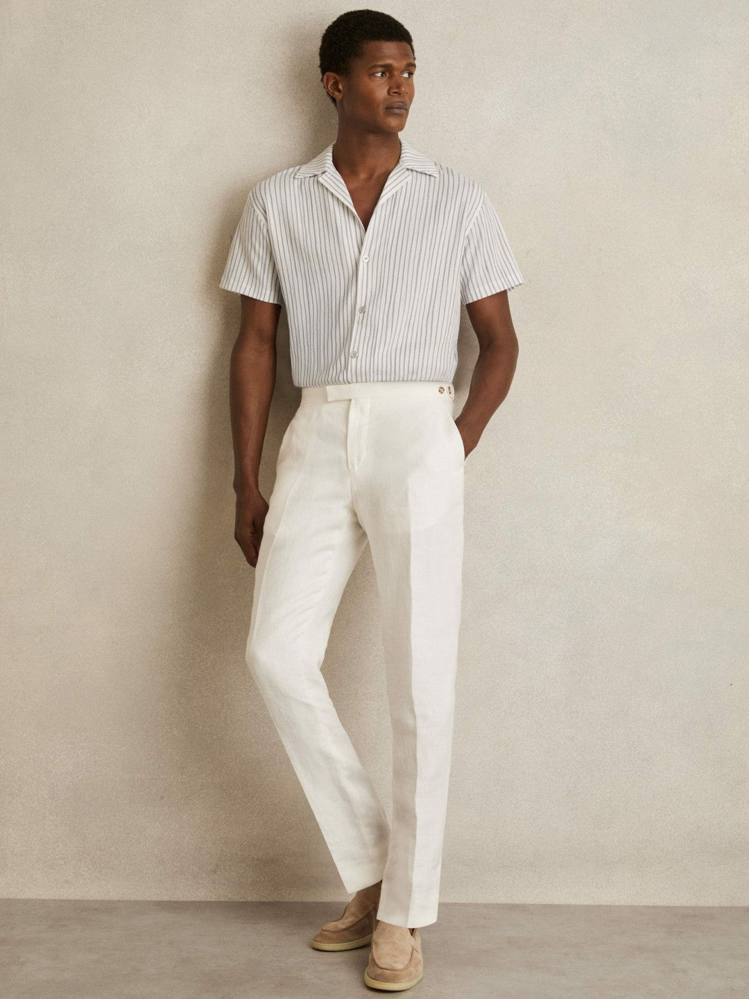 Reiss | Textured Stripe Cuban Collar Shirt in White/Soft Blue
