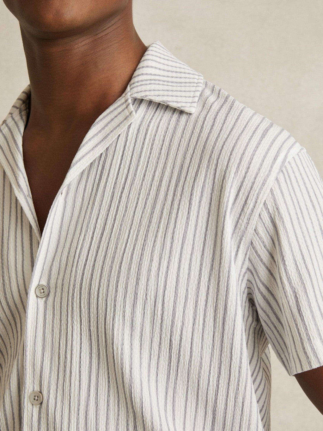 Reiss | Textured Stripe Cuban Collar Shirt in White/Soft Blue