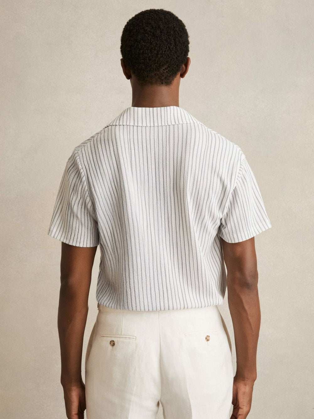 Reiss | Textured Stripe Cuban Collar Shirt in White/Soft Blue