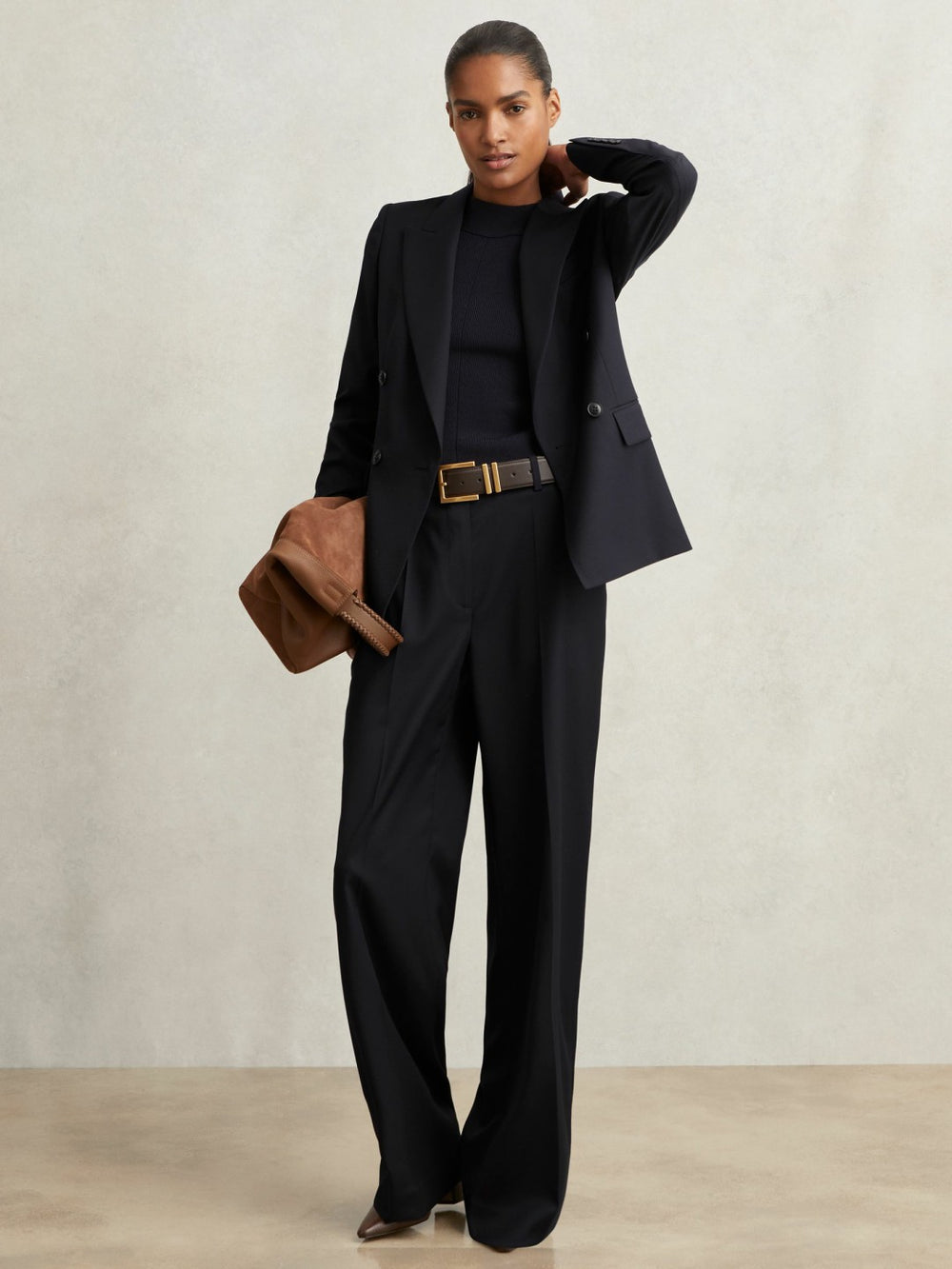 Reiss | Wool-Blend Wide-Leg Suit Trousers in Navy