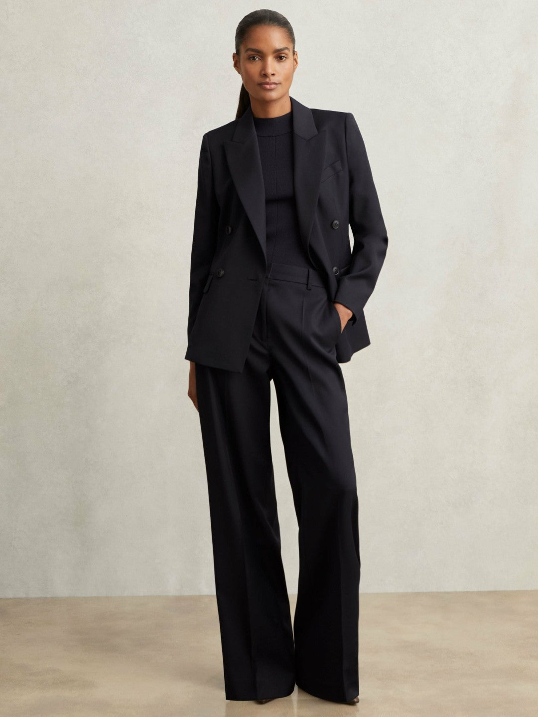 Reiss | Wool-Blend Wide-Leg Suit Trousers in Navy