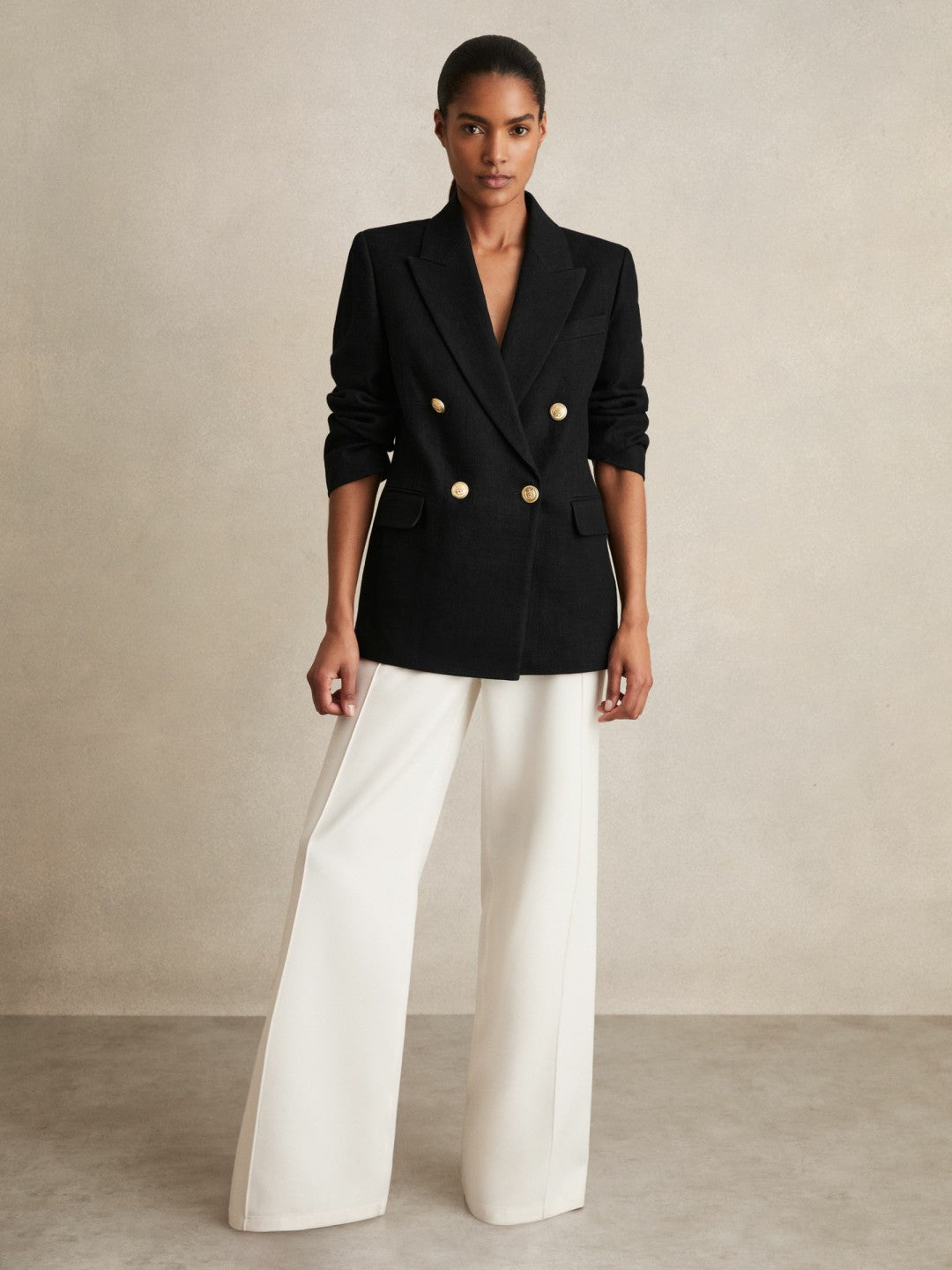Reiss | Petite Oversized Double-Breasted Blazer Linen-Blend in Black