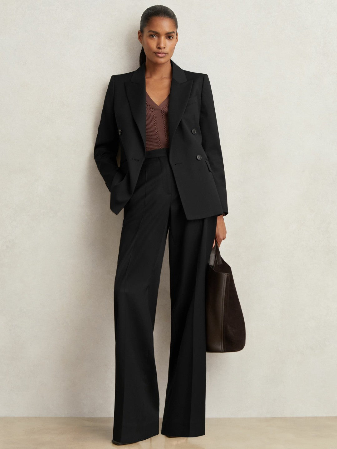 Reiss | Petite Wool Blend Double Breasted Suit Blazer in Black