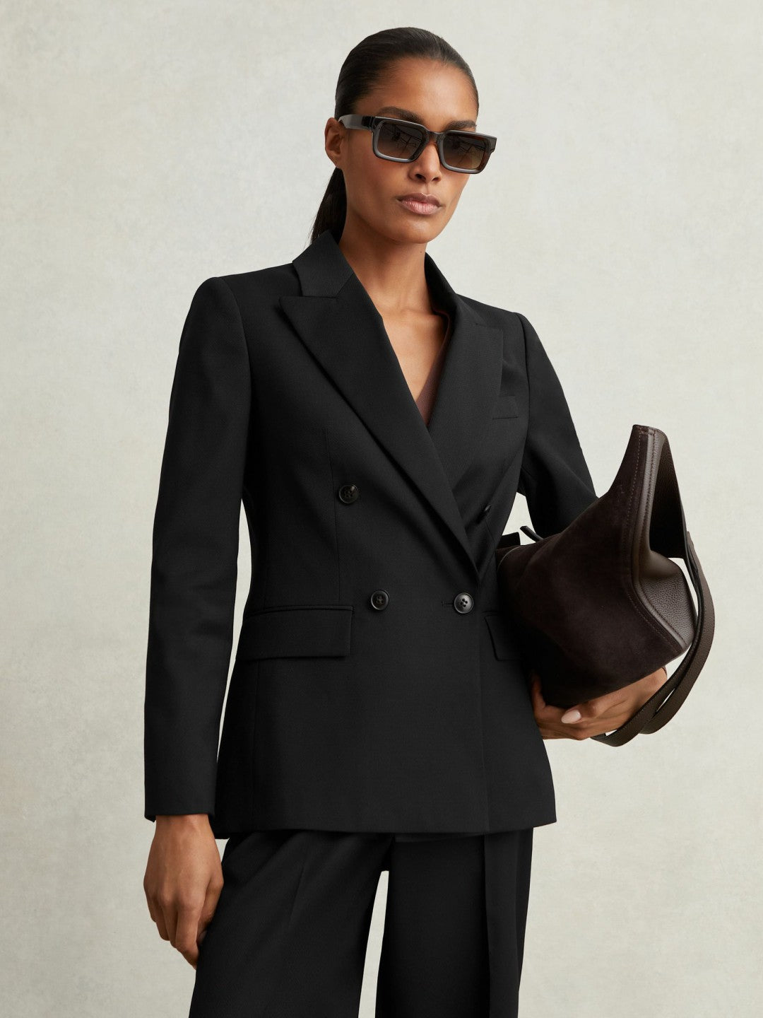 Reiss | Petite Wool Blend Double Breasted Suit Blazer in Black