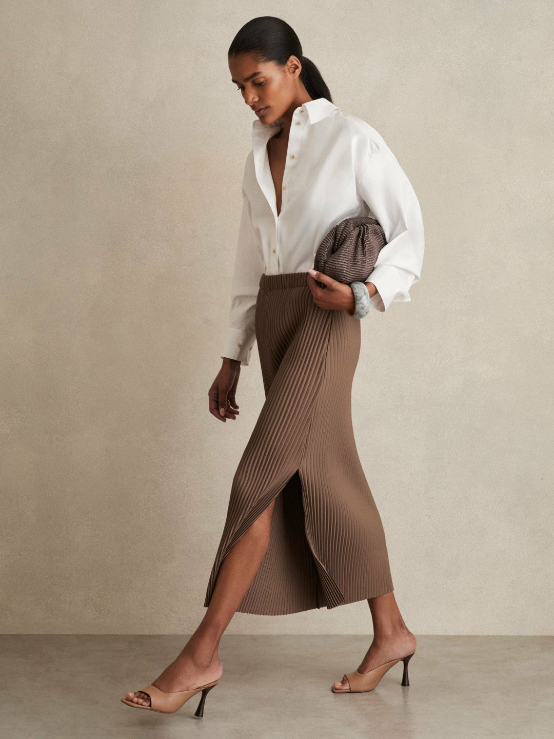 Reiss | Pleated Jersey Midi Skirt in Chocolate