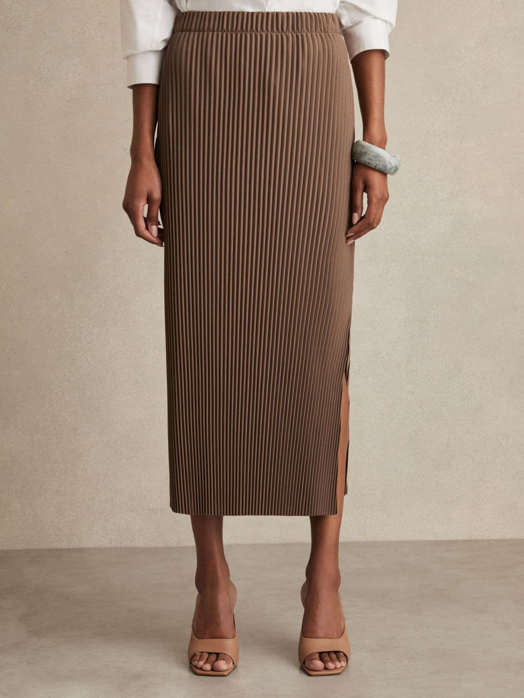 Reiss | Pleated Jersey Midi Skirt in Chocolate