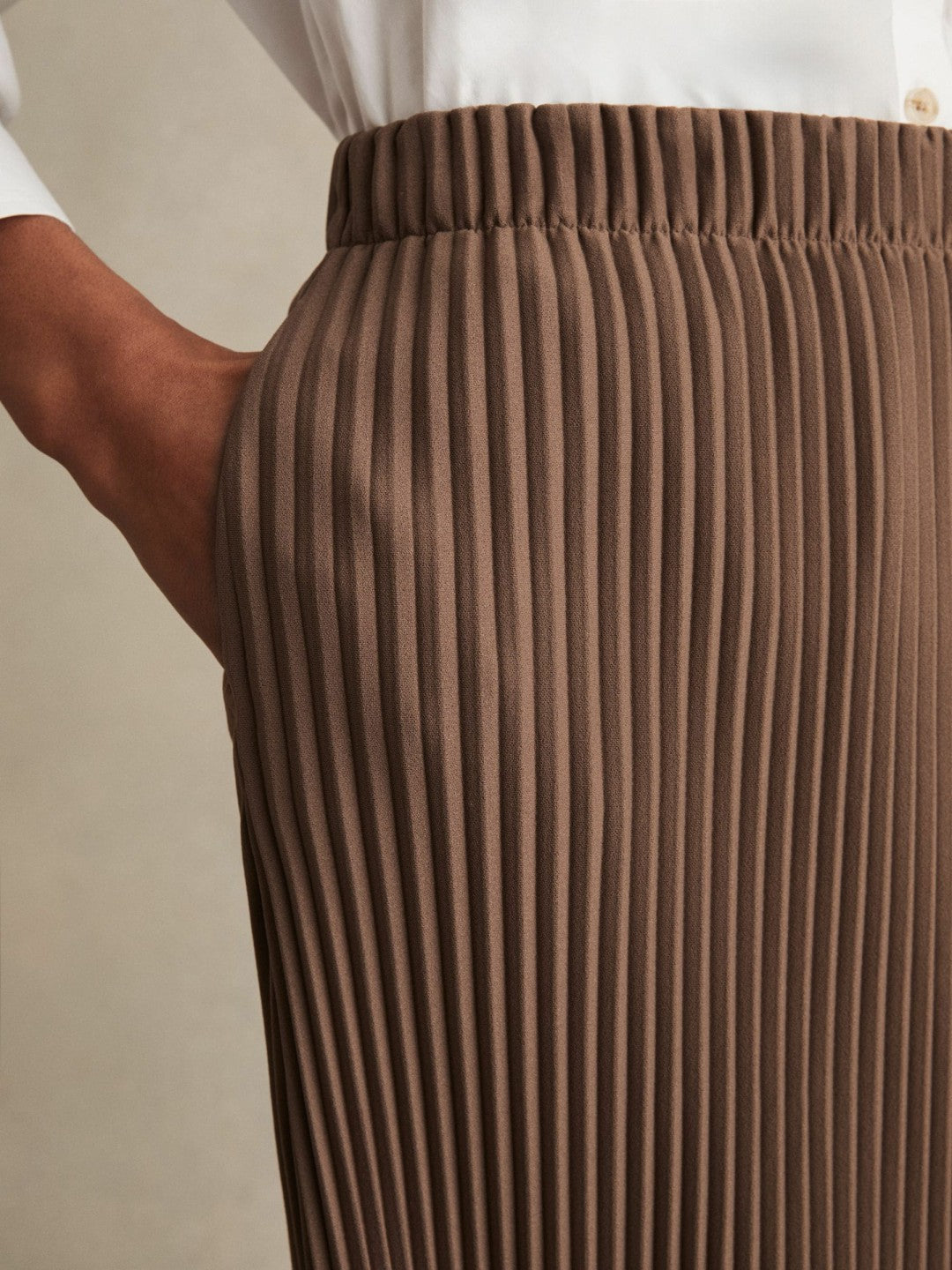 Reiss | Pleated Jersey Midi Skirt in Chocolate