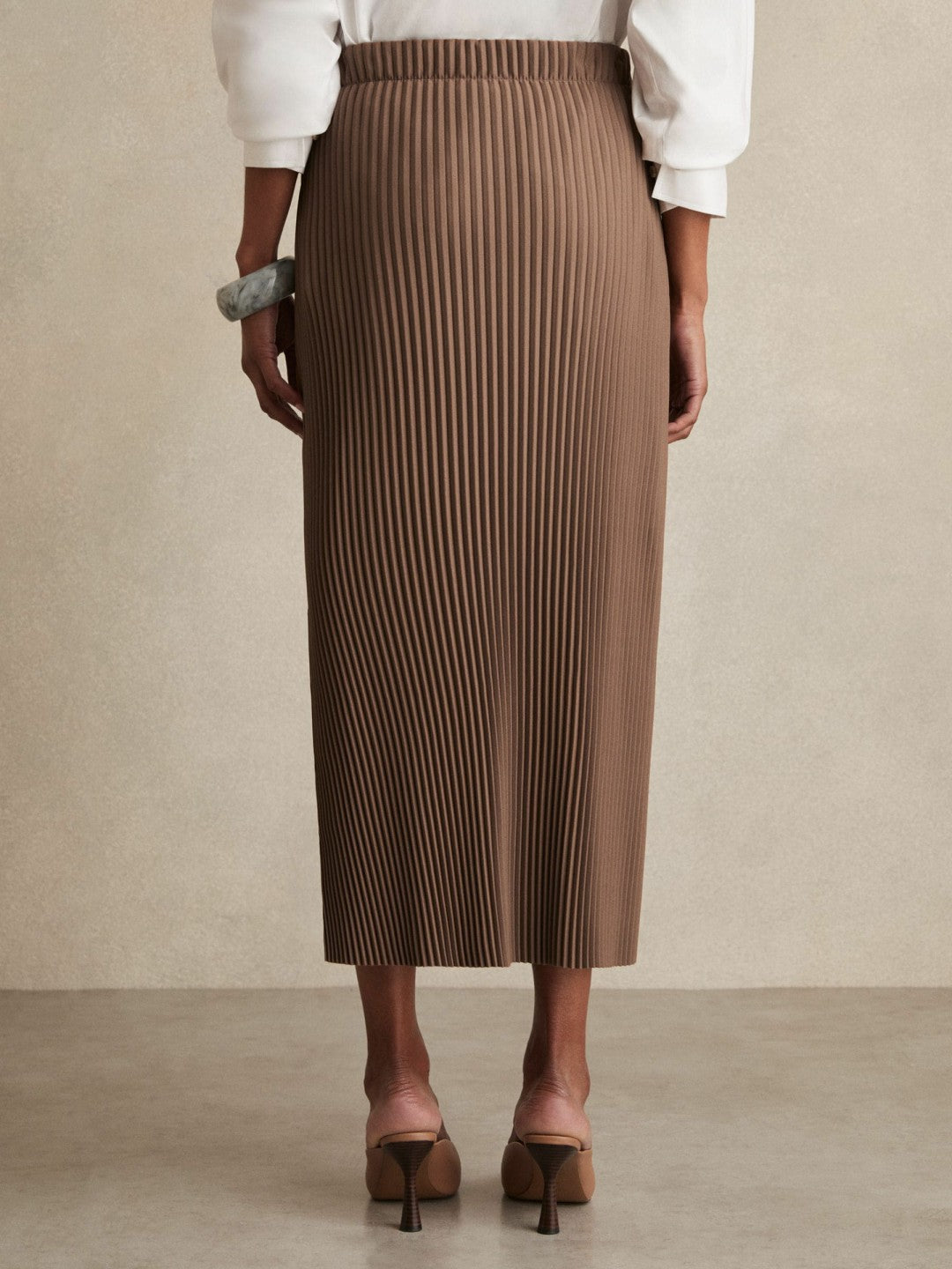 Reiss | Pleated Jersey Midi Skirt in Chocolate