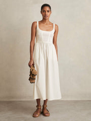Reiss | Perforated-Knit Cotton-Skirt Midi Dress in Ivory