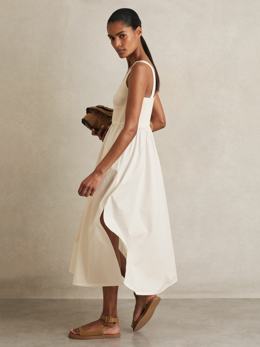 Reiss | Perforated-Knit Cotton-Skirt Midi Dress in Ivory