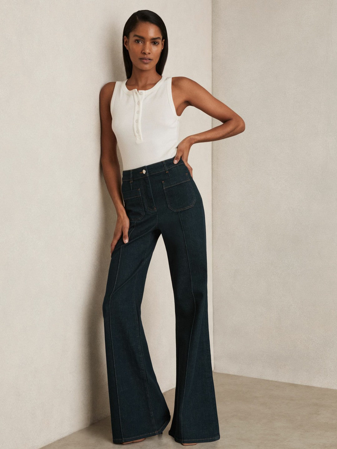 Reiss | Petite Patch-Pocket Flared Jeans in Dark Blue