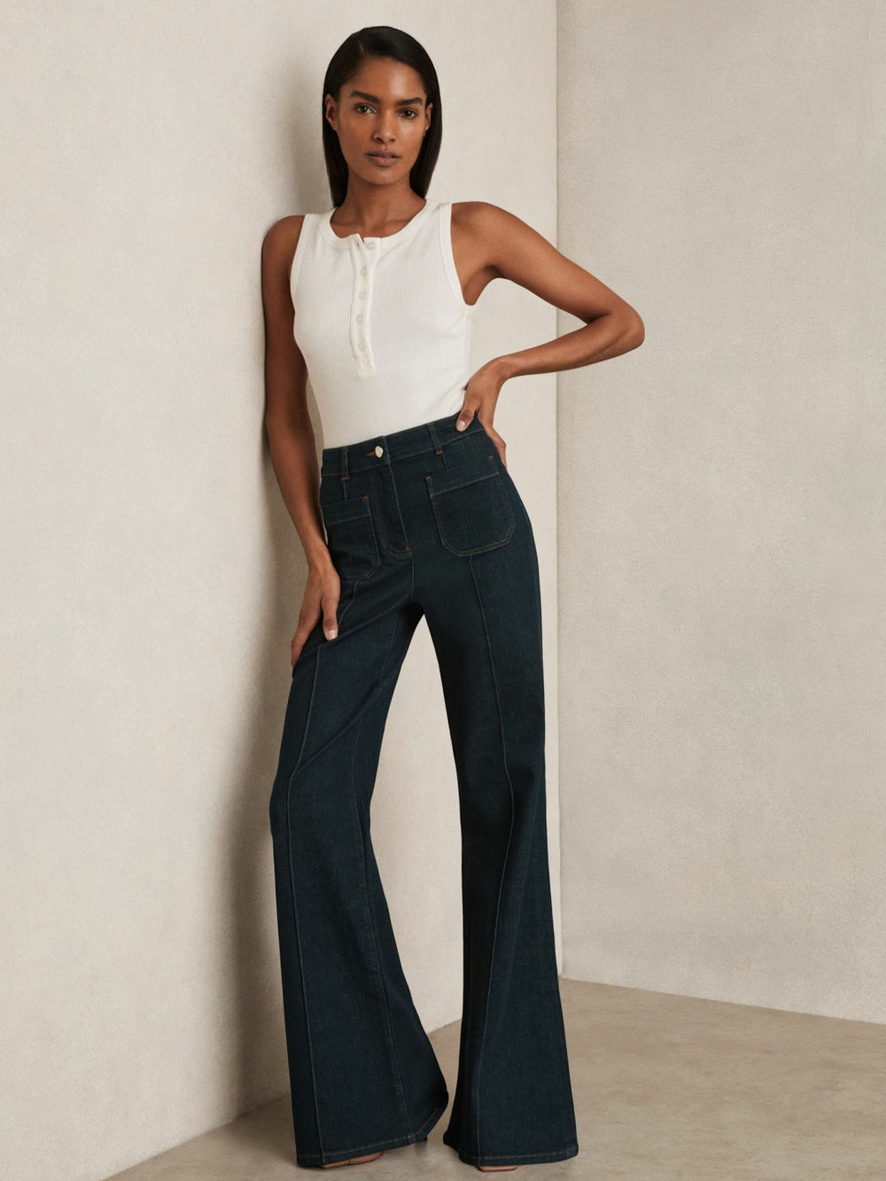 Reiss | Petite Patch-Pocket Flared Jeans in Dark Blue