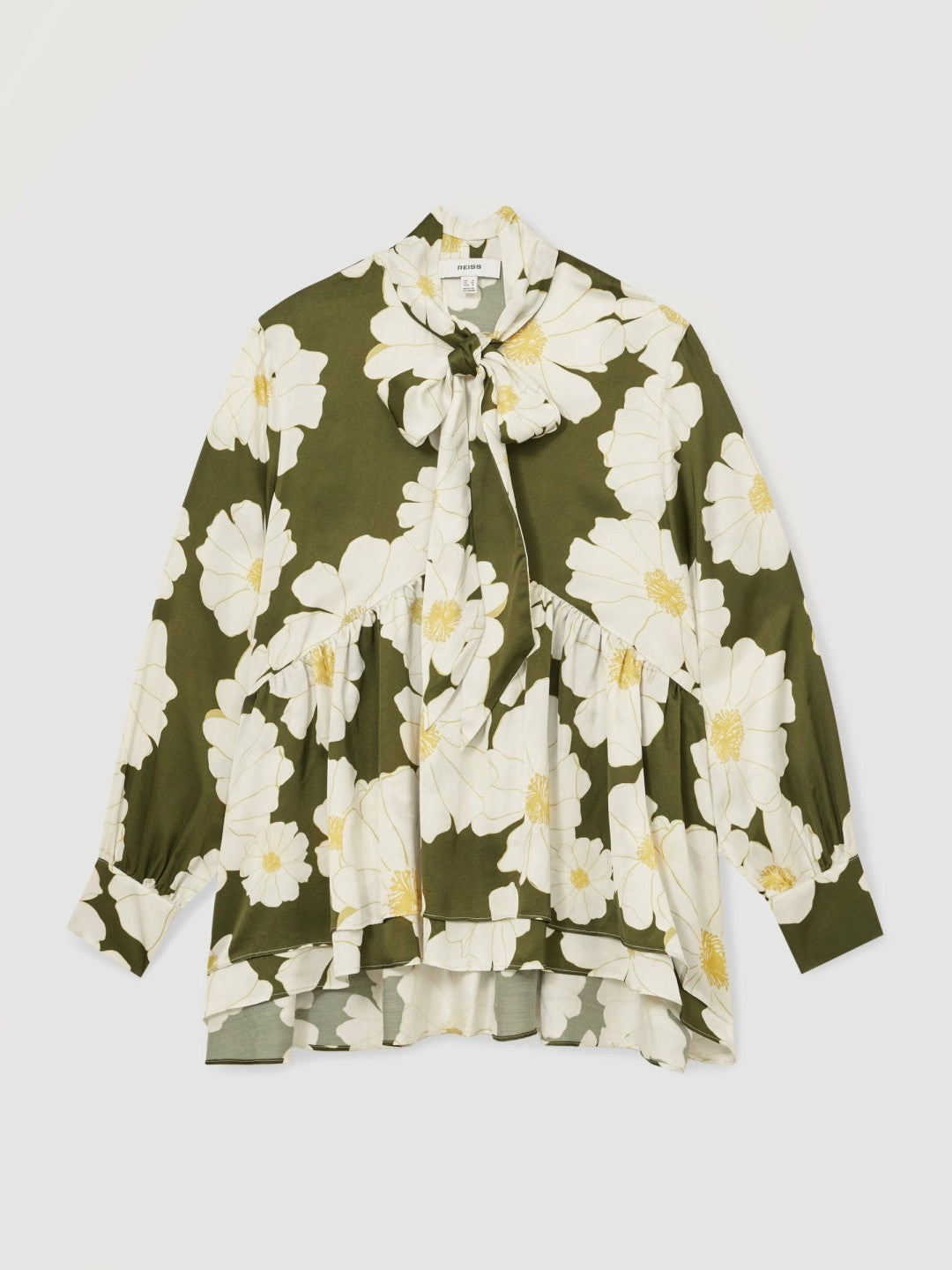 Reiss | Floral Tie-Neck Swing Blouse in Ivory/Green