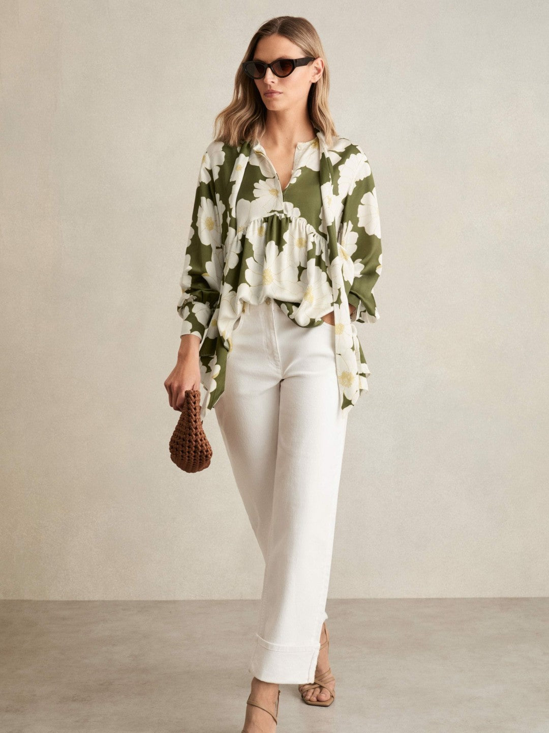 Reiss | Floral Tie-Neck Swing Blouse in Ivory/Green