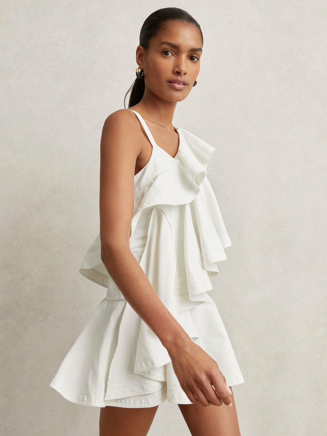 Reiss | Cotton Tiered Ruffle Mini Dress in Ivory